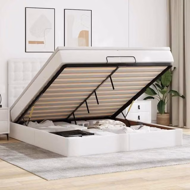 Estructura de cama otomana con base abatible Maison Exclusive en cuero sintético blanco, An/P/Al: 100 x 200 x 28 cm