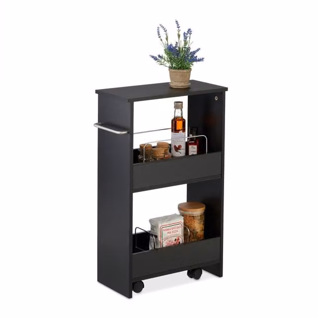Carrito auxiliar estrecho relaxdays con 3 estantes y ruedas para cocina o baño, negro, An/P/Al: 42 x 20 x 66,5 cm