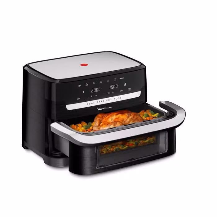 Freidora de aire Moulinex Dual Easy Fry Flex de 9 L con separador FlexCook, 7 programas y capacidad para 8 personas, color negro