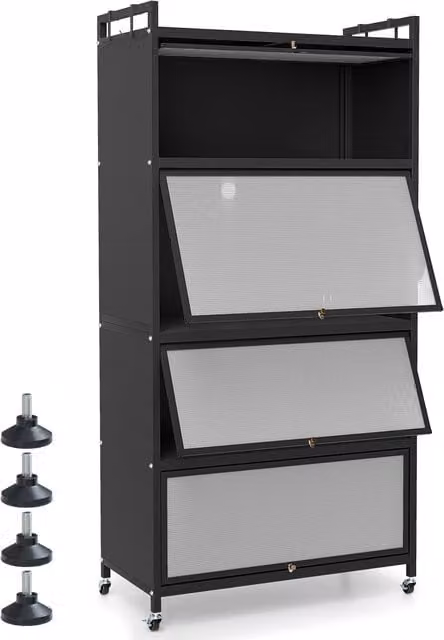 Armario despensa de cocina NORTHIX de 5 estantes con puertas batientes y ruedas en color negro mate