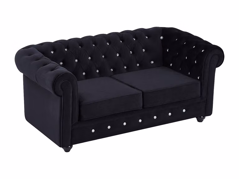 Sofá de 2 plazas Chesterfield de terciopelo negro con estructura de madera sólida y fundas extraíbles de VENTE-UNIQUE An/P/Al: 165 x 88 x 72 cm