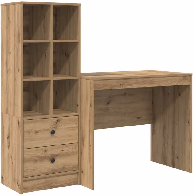 Set de 2 piezas de escritorio moderno SYFAX con estante y cajón en madera color roble marrón mate para oficina en casa An/P/Al: 127 x 50 x 43,05 cm