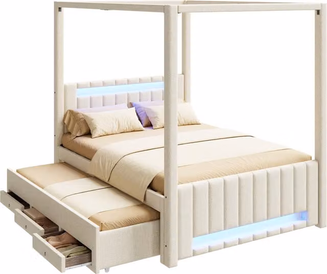 Cama con dosel Mivray tapizada en lino beige con cama nido extraíble, 3 cajones y luz LED, An/P/Al: 140 x 200 x 141,5 cm
