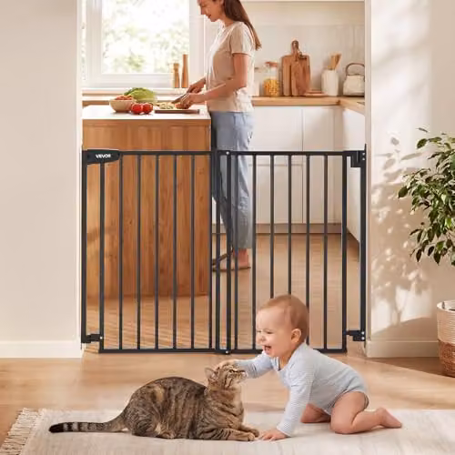 Barrera de seguridad VEVOR ajustable para niños y mascotas en color negro, con cierre automático y apertura en dos sentidos, An/P/Al: 72 a 108,5 x 6 cm x 76 cm