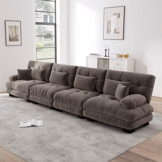 Sofá Esquinero Modular de 4 Plazas KELLANY con Función de Sofá Cama, Tapizado en Chenilla Marrón