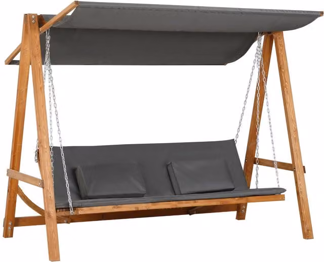 Columpio de jardín NORTHIX de 3 plazas convertible en cama con toldo y cojines, madera de pino gris encerada, An/P/Al: 250 x 113 x 180 cm