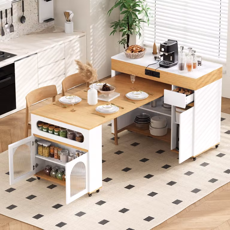 Isla de cocina STILVORA extensible con ruedas y enchufes, mesa y aparador con cajón en color blanco y acabado natural An/P/Al: 110.5 x 50.5 x 95.5 cm