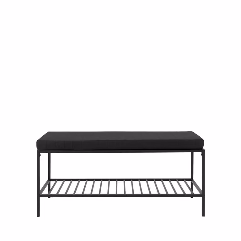 Banco con estante para zapatos House Nordic de estilo industrial en color negro, fabricado en metal, MDF y tela, An/P/Al: 100 x 36 x 48.5 cm