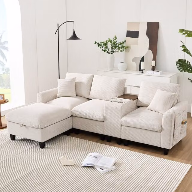 Sofá Esquinero en L DREAMMESPACE con Consola, Portavasos y Puerto USB en Terciopelo de Rizo Beige