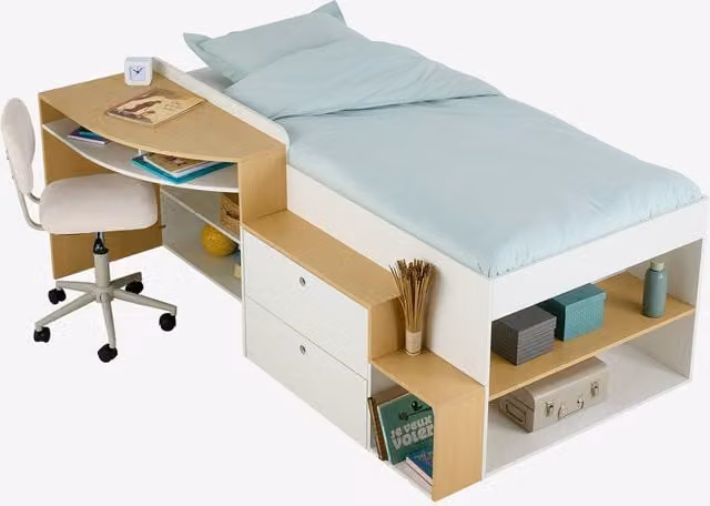 Cama infantil TEEN de VERTBAUDET con escritorio, estantería y almacenaje, color blanco, An/P/Al: 190 x 90 x 138 cm