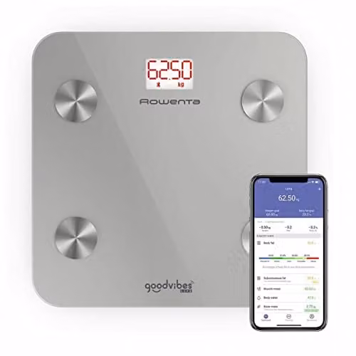 Báscula inteligente de baño digital Rowenta GoodvibesLife color plata con medidor de grasa corporal, IMC y conexión mediante aplicación con pantalla LED y capacidad de hasta 160 kg