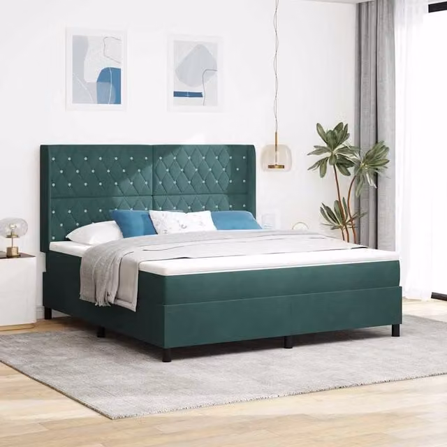Cama tipo box spring Maison Exclusive en terciopelo verde con iluminación bajo la cama y puerto de carga USB, An/P/Al: 180 x 200 x 28 cm