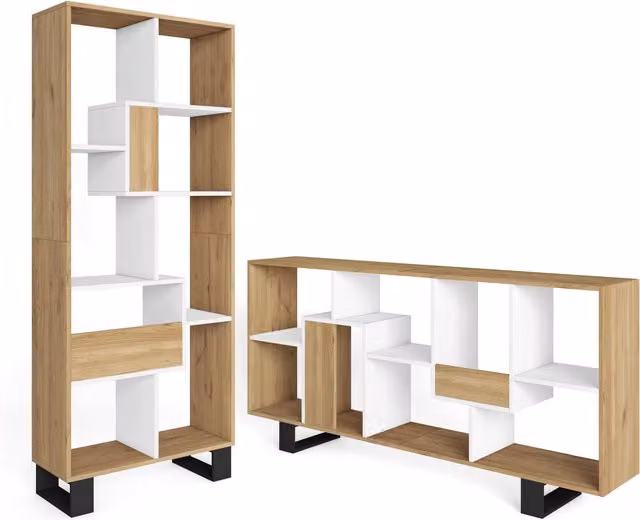 Librería de diseño industrial SKRAUT HOME en roble, blanco y negro, An/P/Al: 67 x 31 x 174 cm