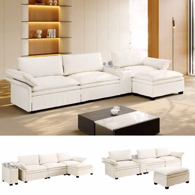 Sofá Modular Seccional en Forma de L KELLANY de Chenille con Almacenamiento, Otomana, Carga USB, Luz LED, Portavasos y Función de Relax, Beige y Blanco, Ancho: 315 cm