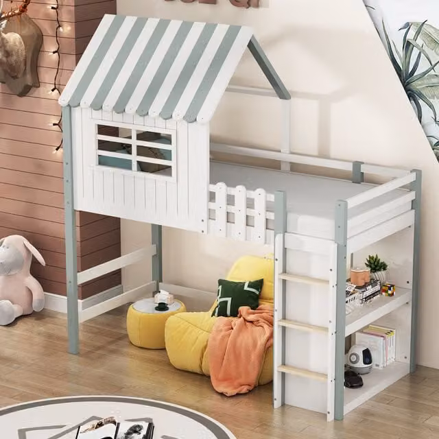 Cama casita elevada MODENVIE para niños en madera y MDF, color verde y blanco, con escalera, barandilla de seguridad y compartimentos de almacenaje, An/P/Al: 90 x 200 x 208 cm