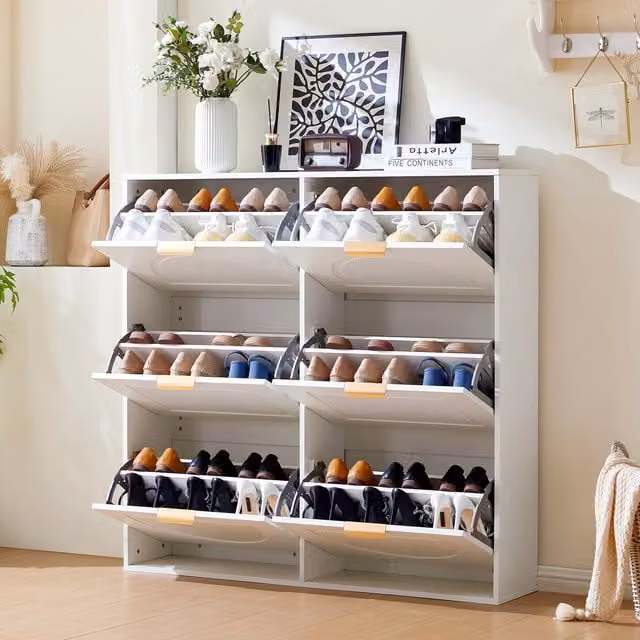 Zapatero Moderno Kellany Blanco con 6 Compartimentos Abatibles y Estantes Abiertos, Ideal para Recibidor o Pasillo, An: 118 cm, Al: 115 cm, P: 25 cm