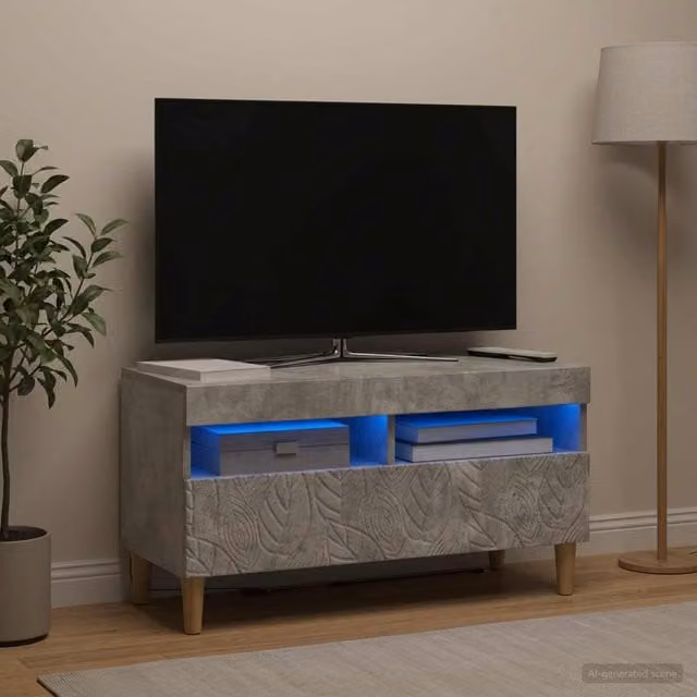 Mueble de TV moderno Maison Exclusive con iluminación LED integrada en color gris hormigón y madera de ingeniería para tu salón
