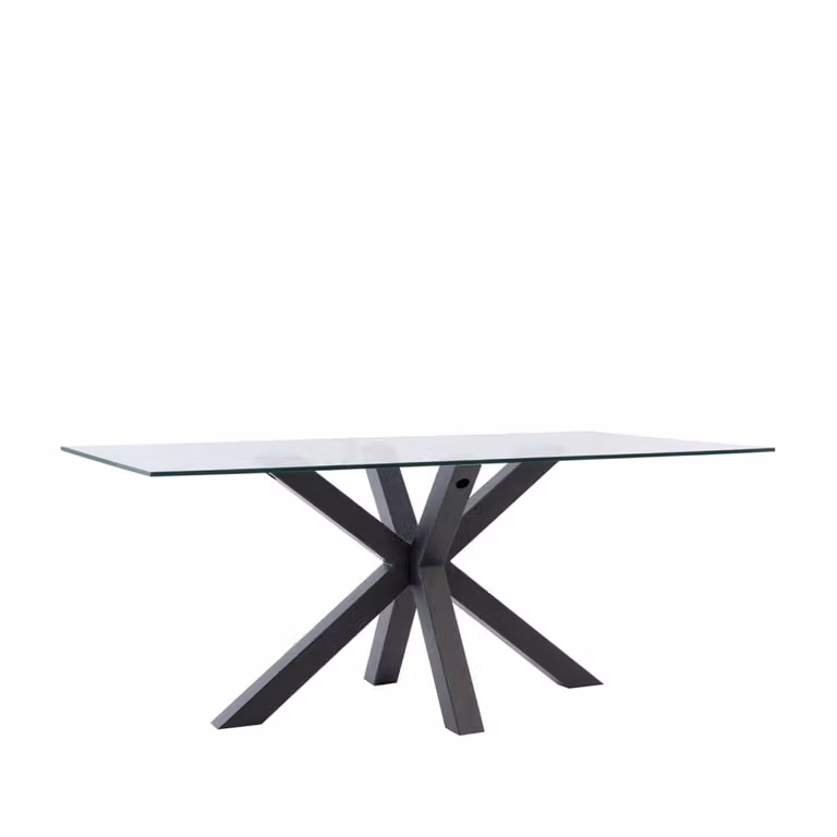 Mesa de comedor moderna KOKETTO HOME con tablero de vidrio transparente y patas negras de metal de 140 cm