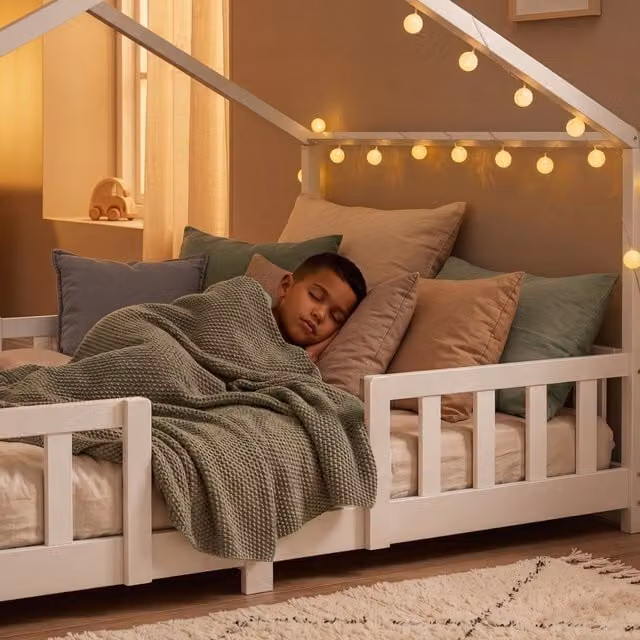 Cama infantil Treviolo de en.casa con forma de casita en madera de pino blanca y colchón de espuma, An/P/Al: 140 x 200 x 146 cm