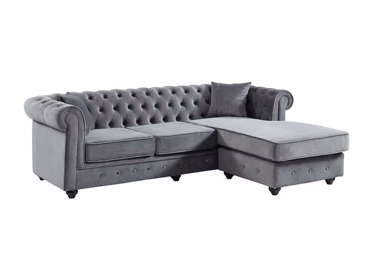 Sofá chesterfield rinconera reversible TOLEDO de terciopelo en color antracita con estructura de madera sólida y cojines incluidos An/P/Al: 228 x 157 x 92 cm