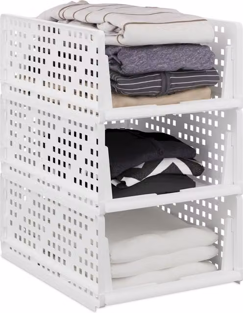 Set de 3 cajas de almacenaje apilables y plegables de plástico Relaxdays, color blanco, An/P/Al: 18 x 33,5 x 43,5 cm