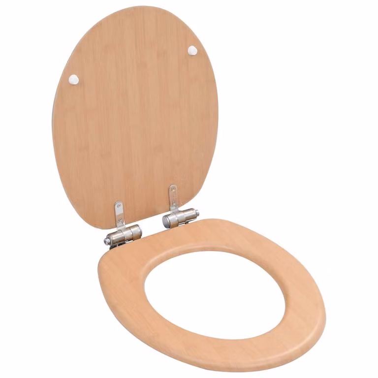 Set de 2 asientos de inodoro ovalados vidaXL con tapa de cierre suave en MDF y diseño de bambú color marrón con herrajes de zinc y cromo