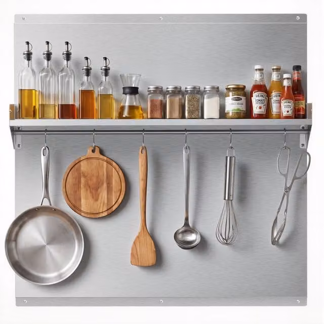 Salpicadero de cocina Vevor de acero inoxidable color plata con estante y ganchos, An/Al: 76 x 76 cm