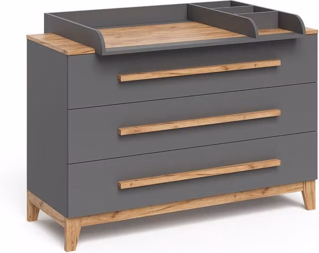 Cambiador Malia Vitalispa en color gris y roble con 3 cajones, An/P/Al: 133.2 x 98 x 70 cm