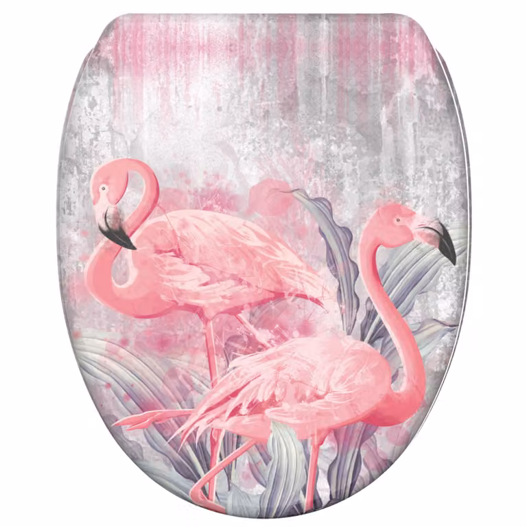 Asiento de inodoro SANILO diseño Flamingo con sistema de cierre suave y fijación rápida, forma ovalada y acabado mate multicolor
