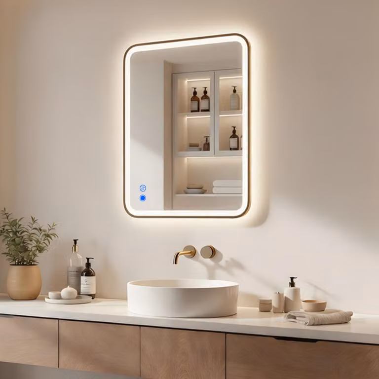Espejo de baño LED Artforma rectangular color dorado con sensor táctil An/Al: 80 x 60 cm