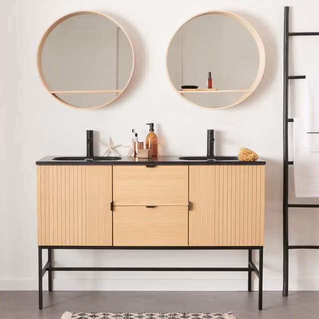 Mueble de lavabo doble de baño moderno en color roble con encimera de resina y patas de madera y metal