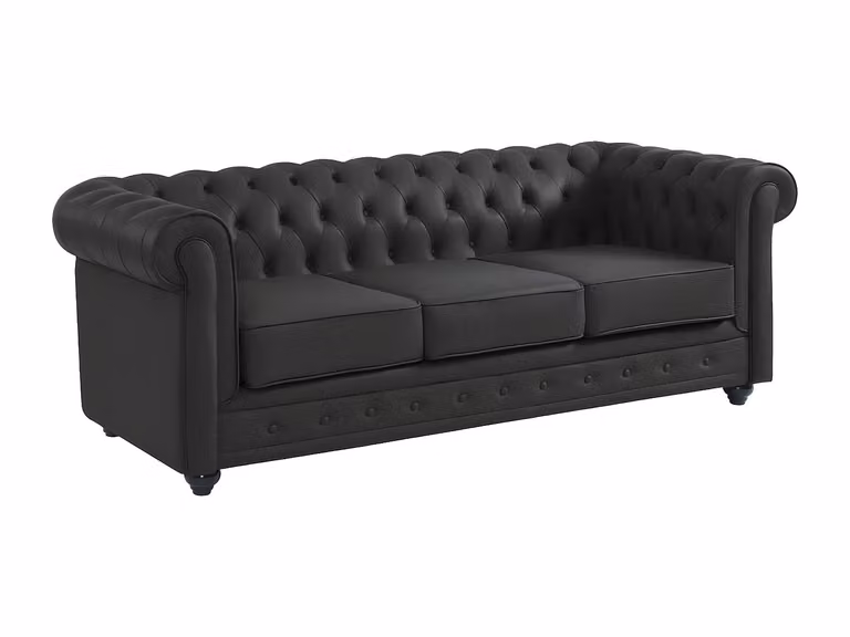 Sofá Chesterfield de 3 plazas Vente-Unique en piel color negro con estructura de madera sólida