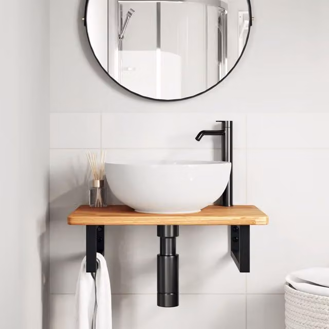 Estante de lavabo de pared SYFAX de madera de roble y metal en color marrón y negro