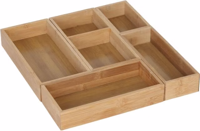 Organizador universal de cajón Relaxdays de bambú y MDF, set de 5 piezas para cubiertos, maquillaje o joyas, color beige y marrón
