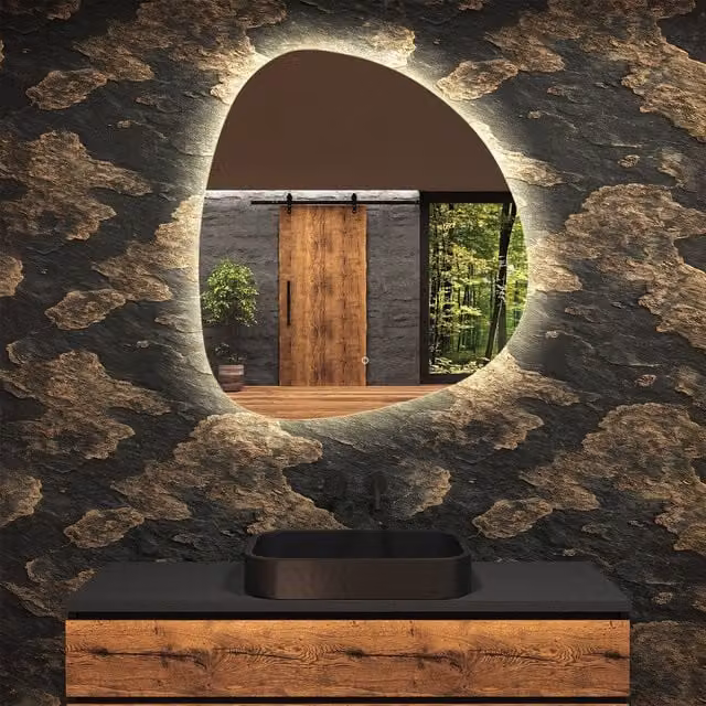 Espejo de baño LED Artforma con diseño asimétrico orgánico, interruptor táctil y luz blanco frío, An/Al: 74 x 74 cm