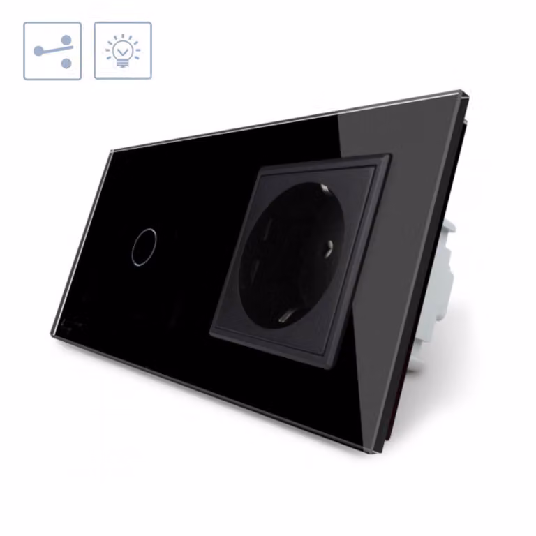 Conmutador táctil de combinación con 1 botón y 1 enchufe frontal de cristal negro Livolo de montaje empotrado
