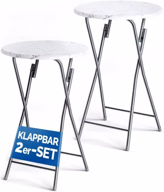Set de 2 mesas altas plegables Casaria con acabado mármol blanco y estructura de acero, Diámetro: 60 cm, Altura: 110 cm