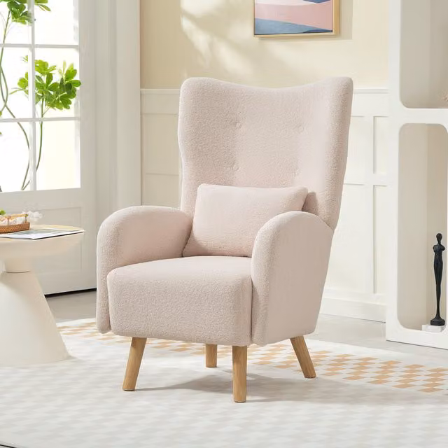 Sillón orejero moderno HOMCOM tapizado en tejido boucle beige con estructura de madera y metal y cojín de espuma integrado