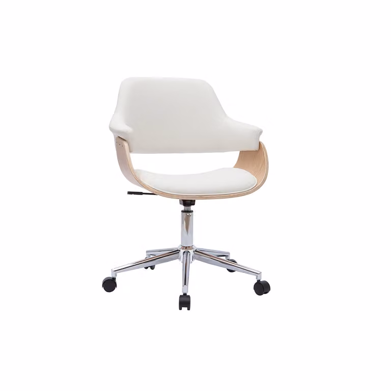 Silla de oficina giratoria moderna Fritz Hansen en blanco y madera con reposabrazos y ruedas