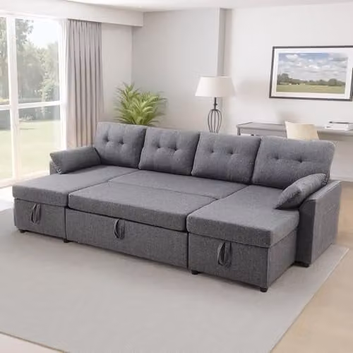 Sofá Cama en Forma de U VEVOR de 6 Plazas con Almohadas y Almacenamiento, Convertible y Reversible, Color Gris, An/P/Al: 287 x 145 x 91 cm