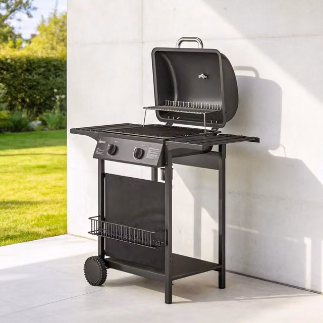 Barbacoa de gas Outsunny en acero negro con ruedas y termómetro An/P/Al: 99 x 56 x 95 cm