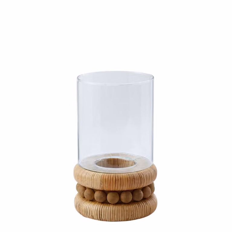 Portavelas de ratán y cristal Sia Deco en color marrón y beige para mesa, Altura: 27 cm, Diámetro: 16 cm