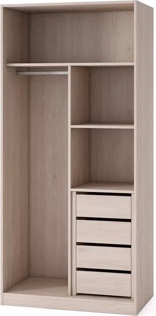 Armario Mio de El Corte Inglés con 2 puertas batientes, estantes internos, barra de colgar y cajones integrados en color blanco y beige
