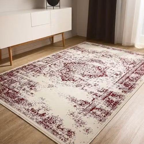 Alfombra de salón Benuta Basic Suki de estilo vintage oriental en color crema y rojo, rectangular, An/P: 160 x 230 cm