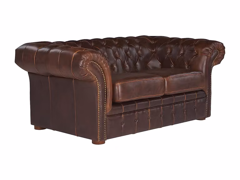 Sofá Chesterfield de 2 plazas VENTE-UNIQUE en piel color marrón con estructura de madera sólida