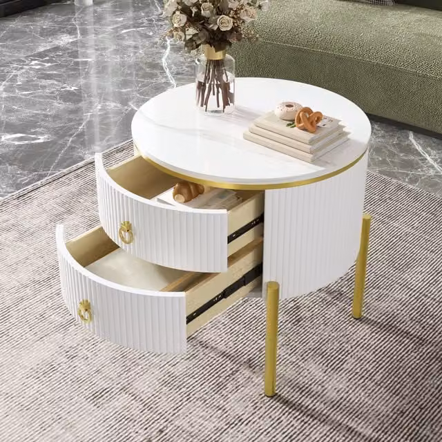 Mesa de centro redonda MODENVIE con 2 cajones, diseño moderno en blanco y dorado, acabado brillante y patas ajustables, An/P/Al: 50 x 50 x 51 cm