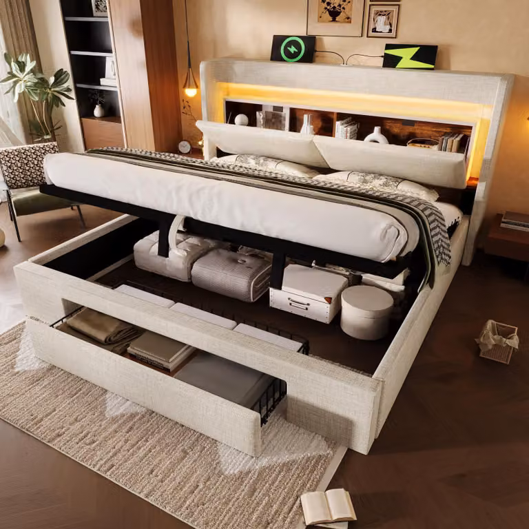 Cama doble tapizada OKWISH en color beige con iluminación LED, cajones de almacenamiento y somier de lamas, An/P: 140 x 200 cm