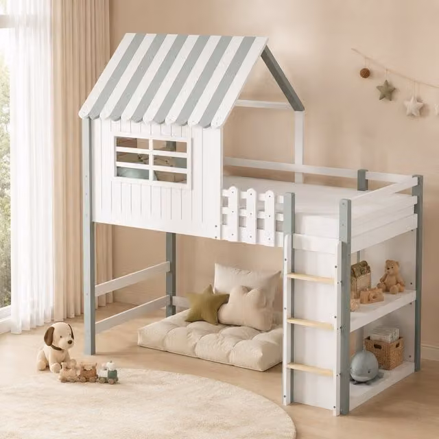 Litera montessori Mivray para niños con estructura de casa, zona de juego, estantería integrada y escalera de seguridad en verde y blanco, An/P/Al: 200 x 90 x 218,5 cm