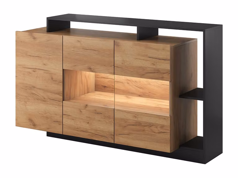 Aparador moderno IDESIA con 3 puertas, 3 estantes e iluminación LED integrada en color beige y antracita An/P/Al: 144 x 44 x 93,5 cm