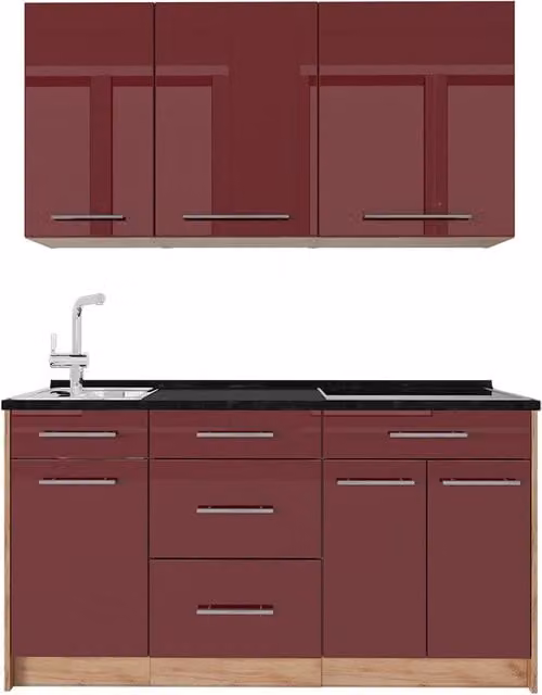 Cocina para solteros Vicco Fame-Line en rojo burdeos alto brillo y roble con detalles en antracita, An: 150 cm, Al: 81,2 cm, P: 60 cm